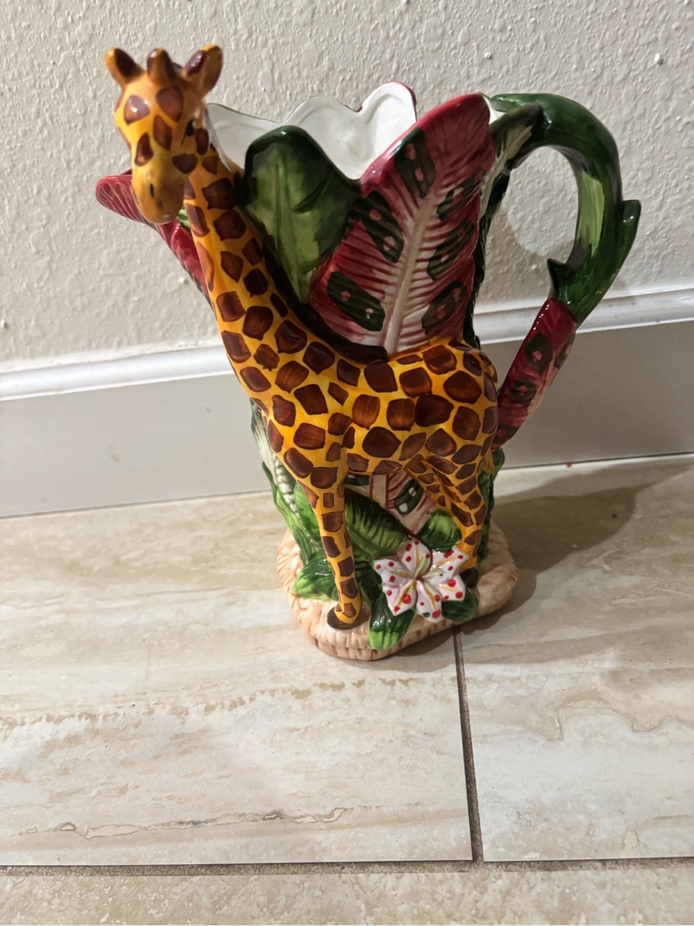 Giraffe Ceramic Pitcher with Tropical Leaf Motif - Yellow & Green Vase